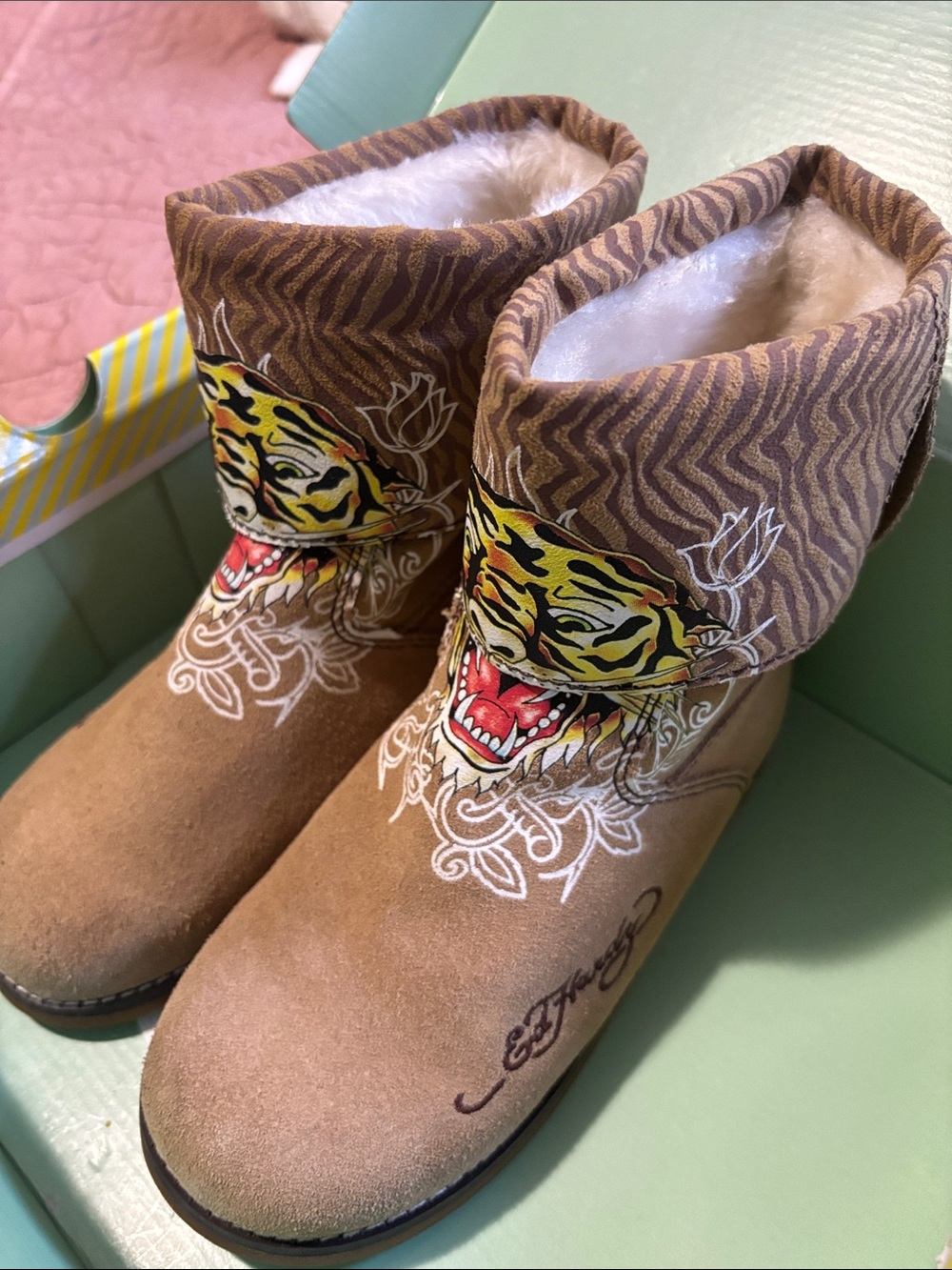 Ed Hardy Kids Brown Tan Tiger-Embroidered Suede Boots
